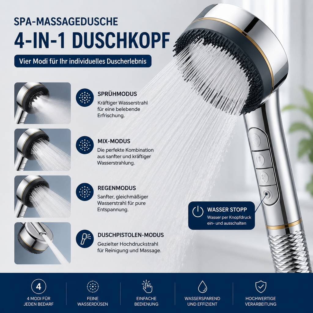 4-in-1 Hochdruck-Duschkopf
