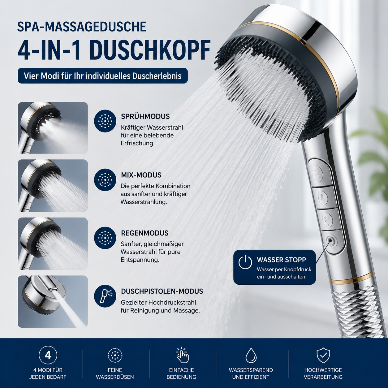 4-in-1 Hochdruck-Duschkopf