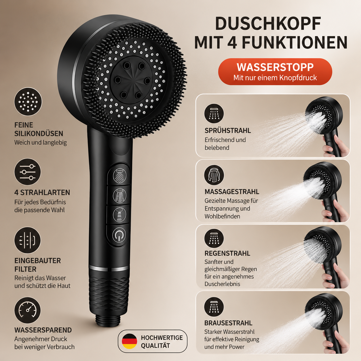 4-in-1 Hochdruck-Duschkopf