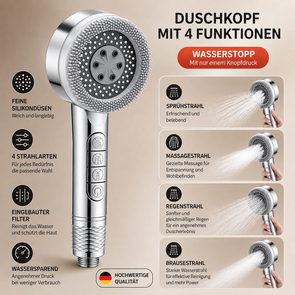 4-in-1 Hochdruck-Duschkopf