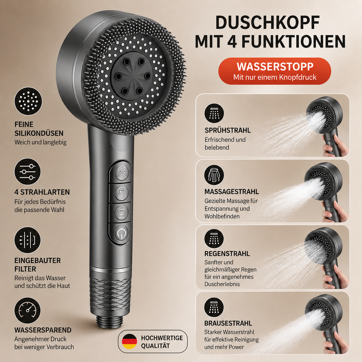 4-in-1 Hochdruck-Duschkopf